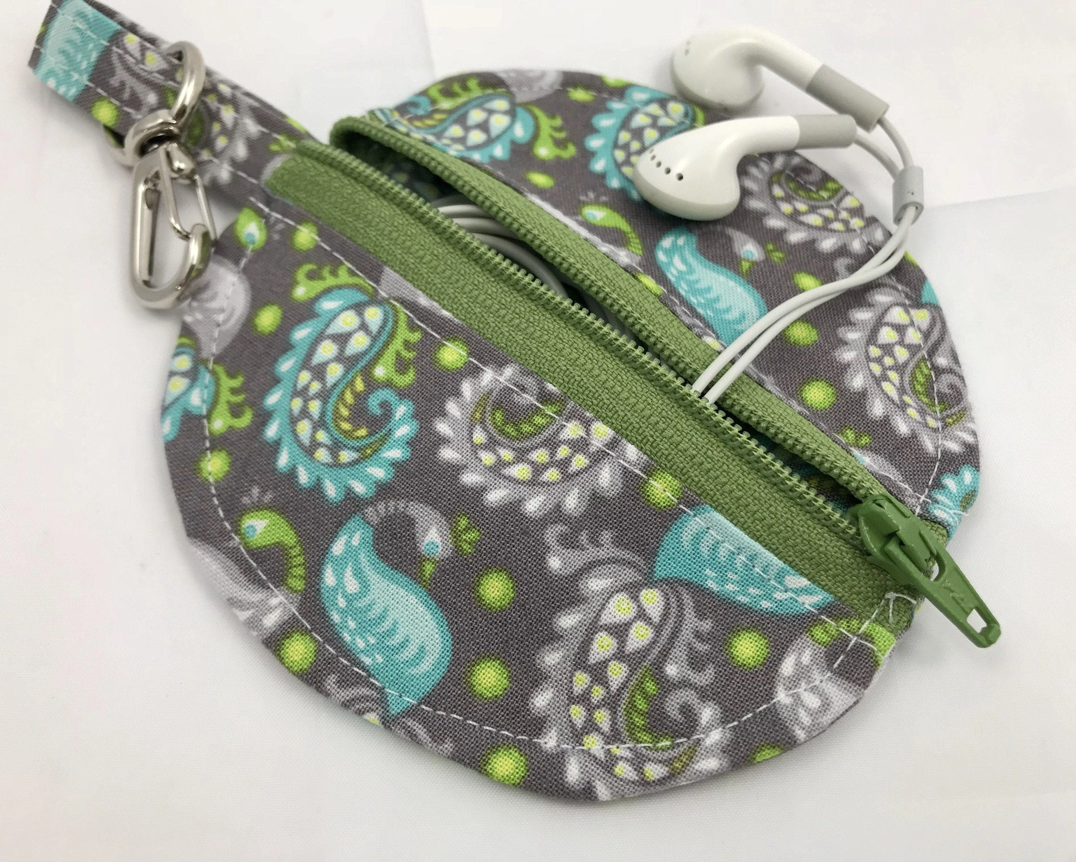 Round Earbud Case, Lip Balm Pouch, Teacher Gift, Paisley, Gray