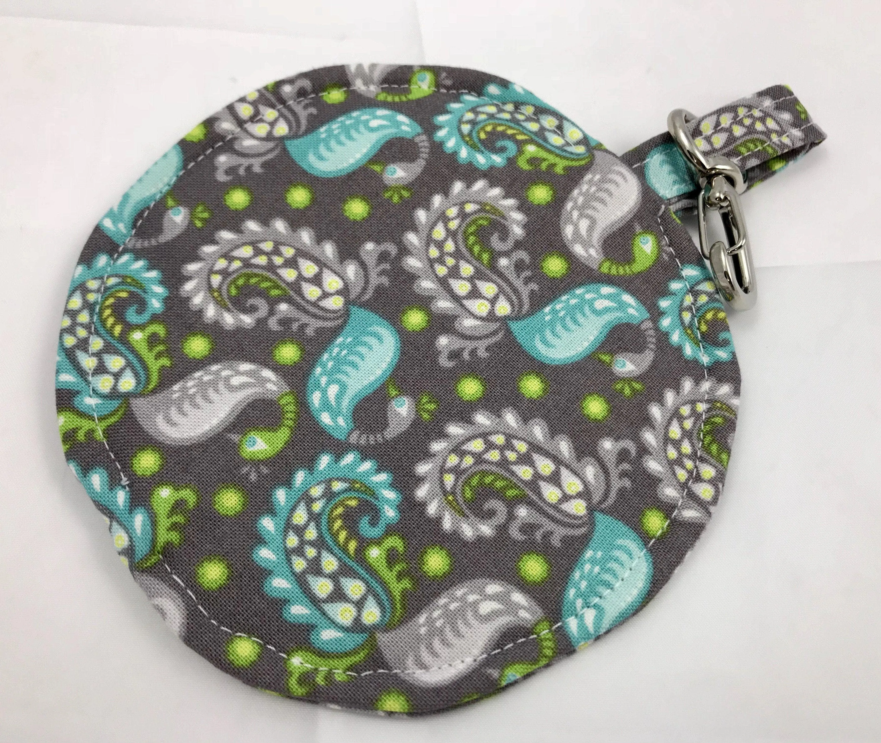 Round Earbud Case, Lip Balm Pouch, Teacher Gift, Paisley, Gray