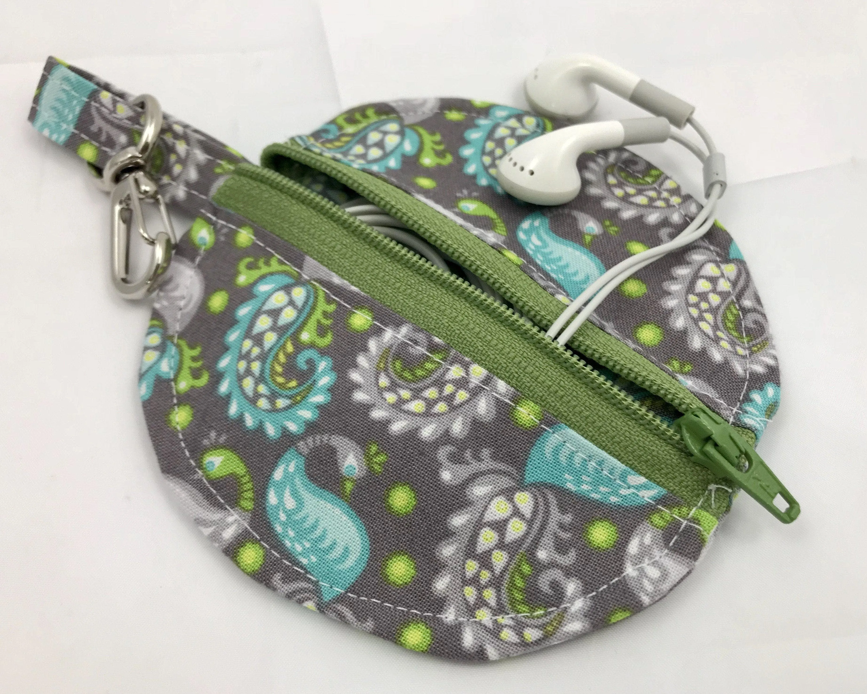 Round Earbud Case, Lip Balm Pouch, Teacher Gift, Paisley, Gray