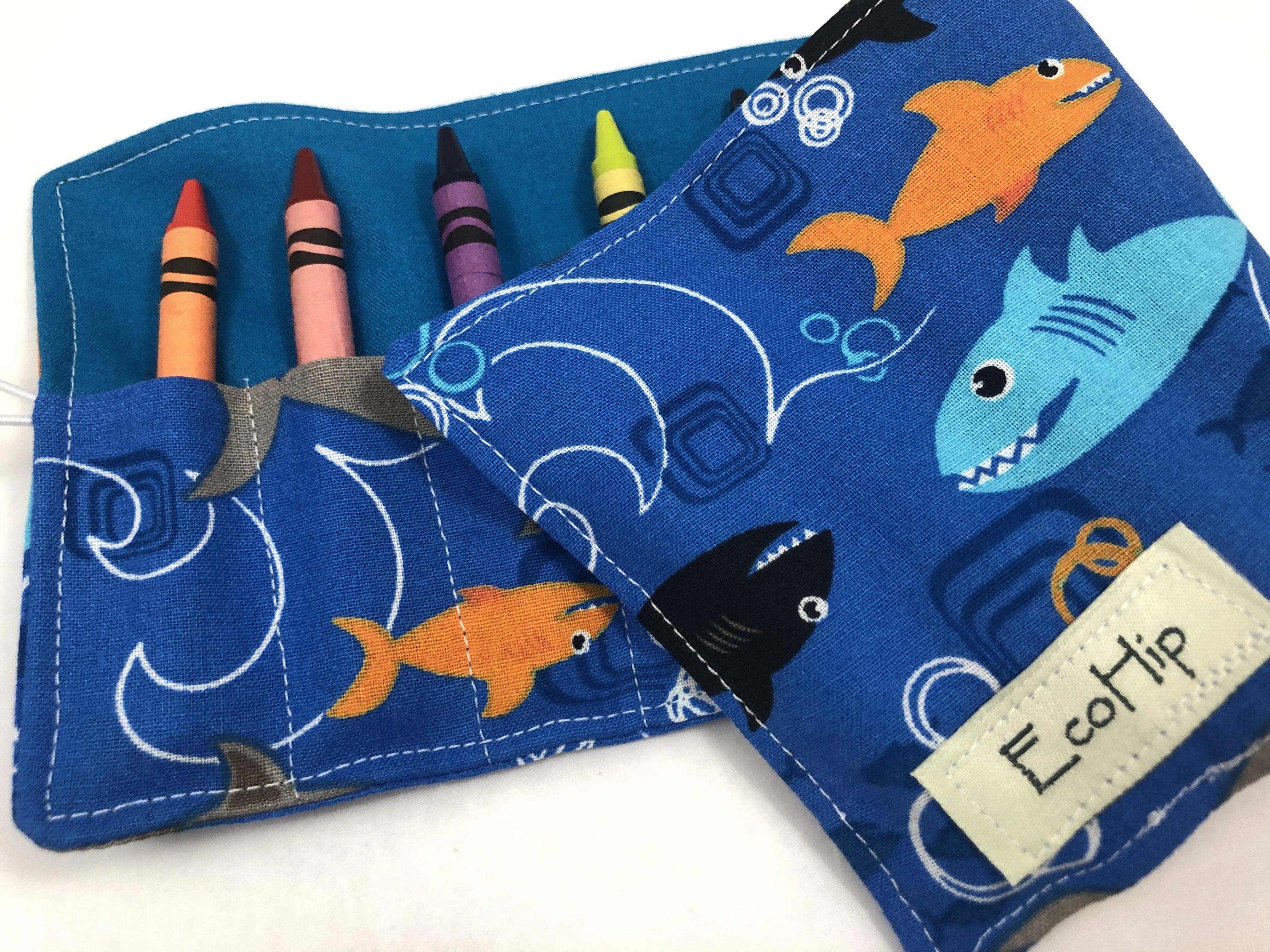 Sharks Crayon Roll, Toddler Travel Toy, Boy's Crayon Case, Crayon Wallet, Blue