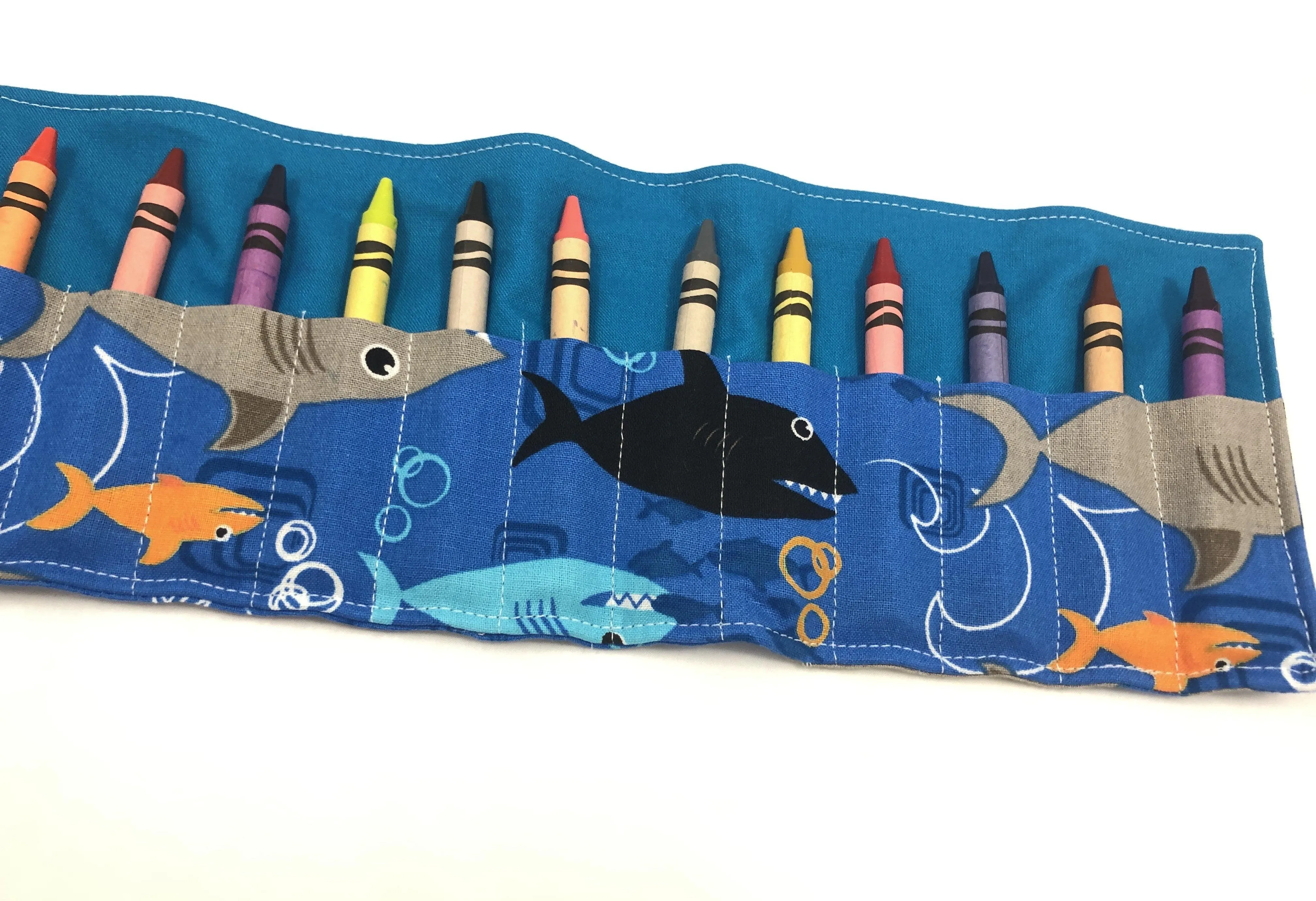 Sharks Crayon Roll, Toddler Travel Toy, Boy's Crayon Case, Crayon Wallet, Blue