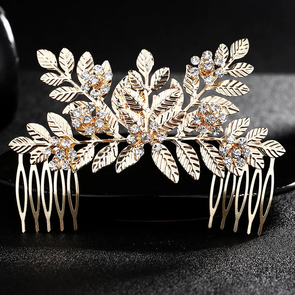 Shiny Leaves Rhinestone Hair Decor Comb Crown Bride Wedding Photo Studio Prop