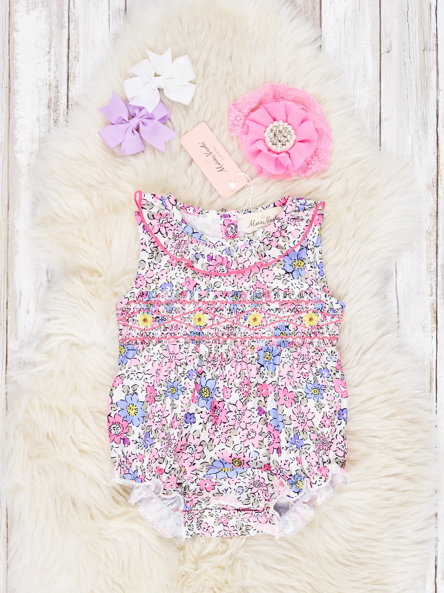 Smocked Pink Floral Ruffle Tank Romper