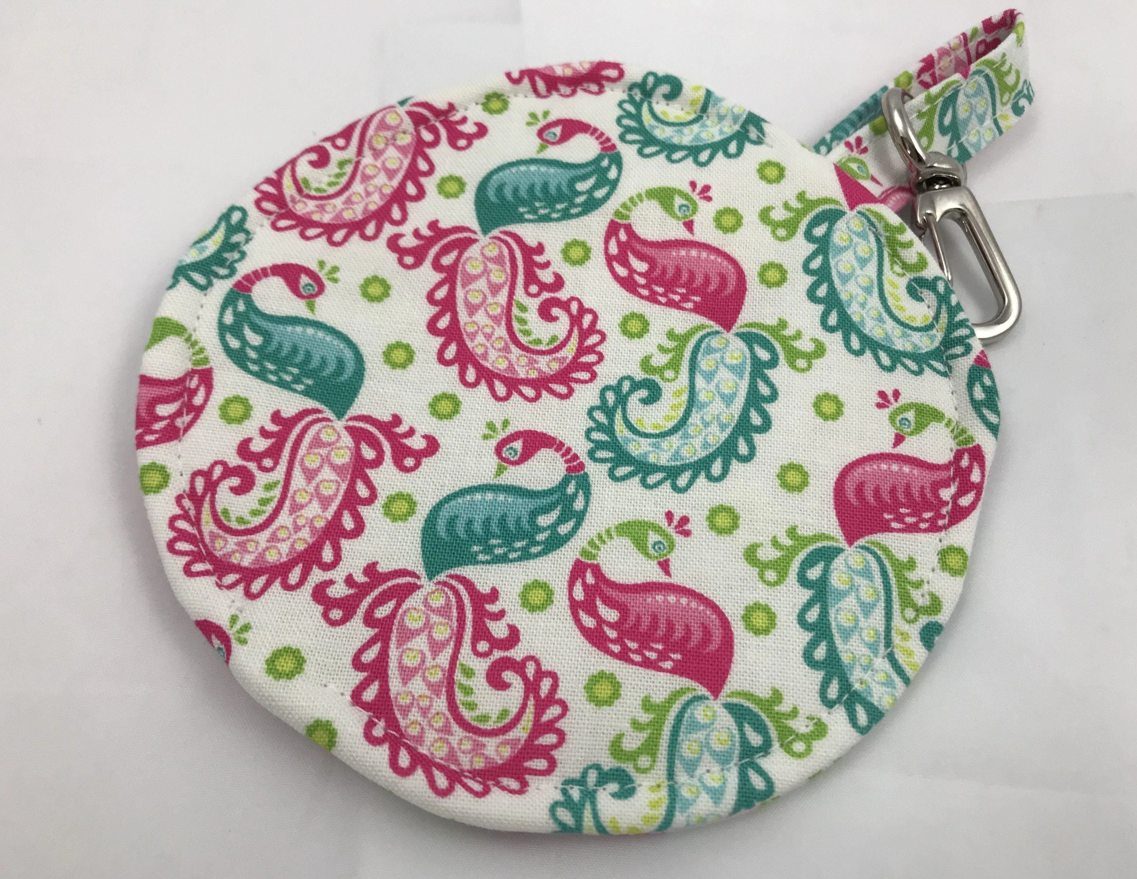 Travel Earbud Case, Pacifier Pouch, Chapstick Holder, Pink, Paisley, Birds