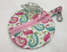 Travel Earbud Case, Pacifier Pouch, Chapstick Holder, Pink, Paisley, Birds