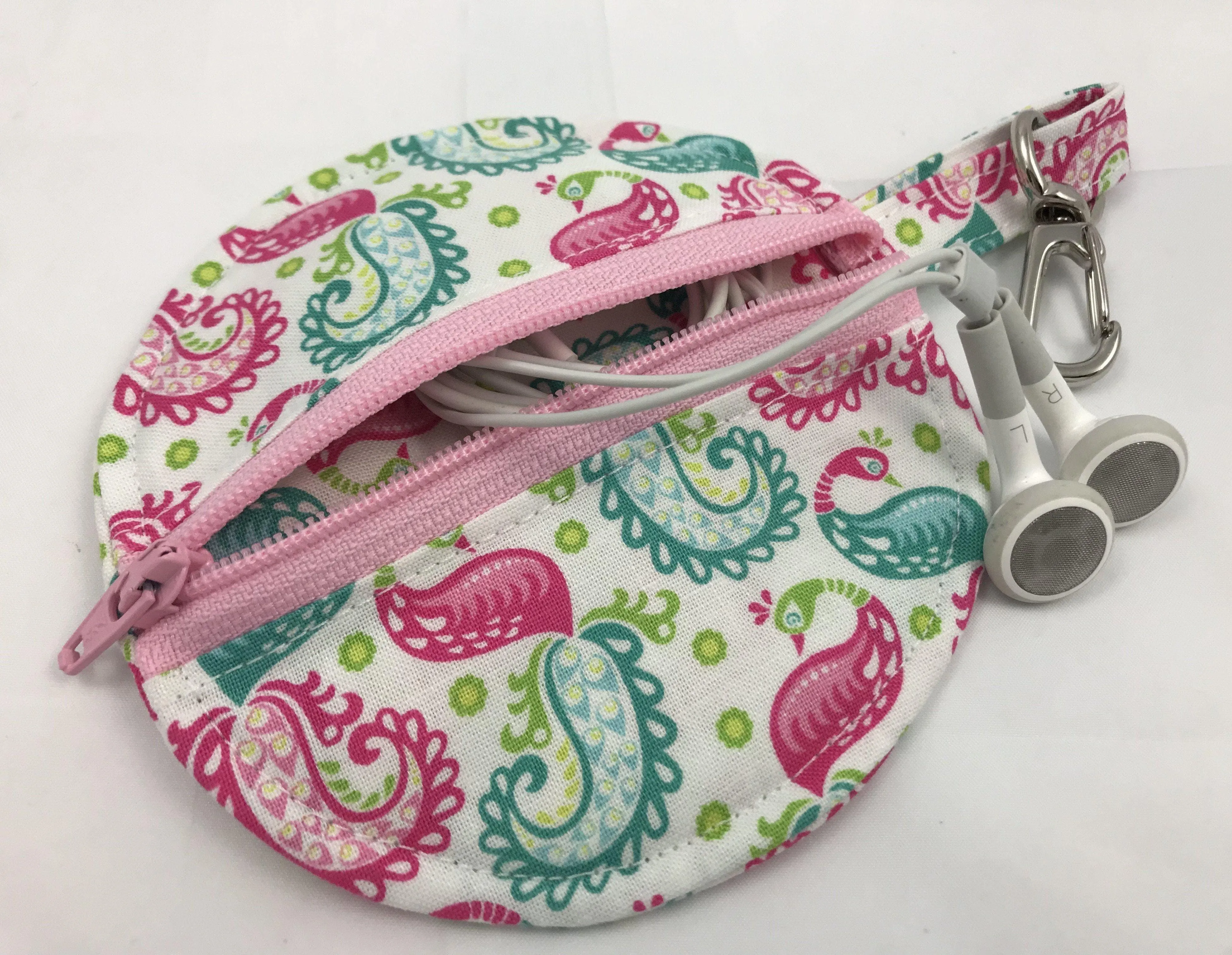 Travel Earbud Case, Pacifier Pouch, Chapstick Holder, Pink, Paisley, Birds