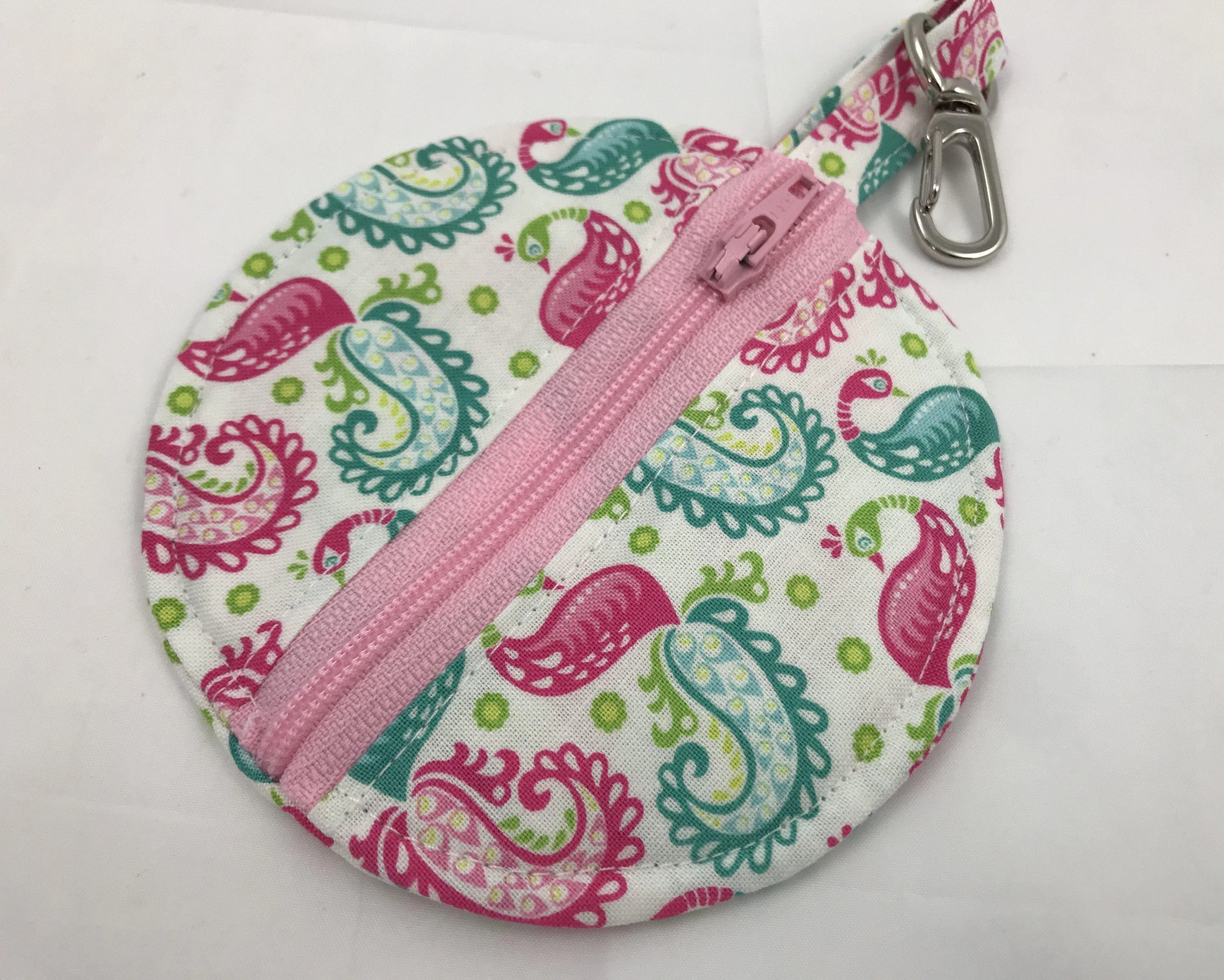 Travel Earbud Case, Pacifier Pouch, Chapstick Holder, Pink, Paisley, Birds