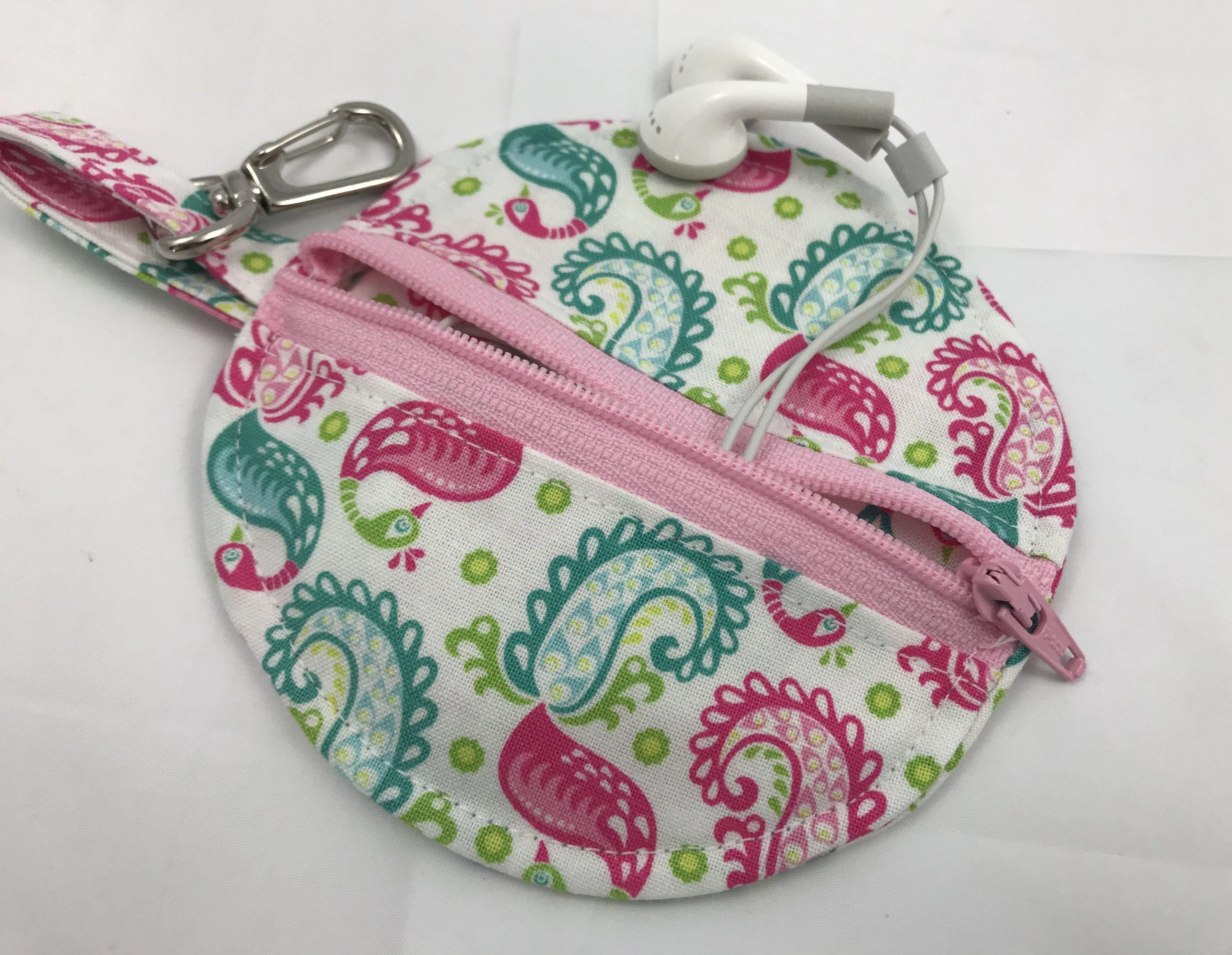 Travel Earbud Case, Pacifier Pouch, Chapstick Holder, Pink, Paisley, Birds