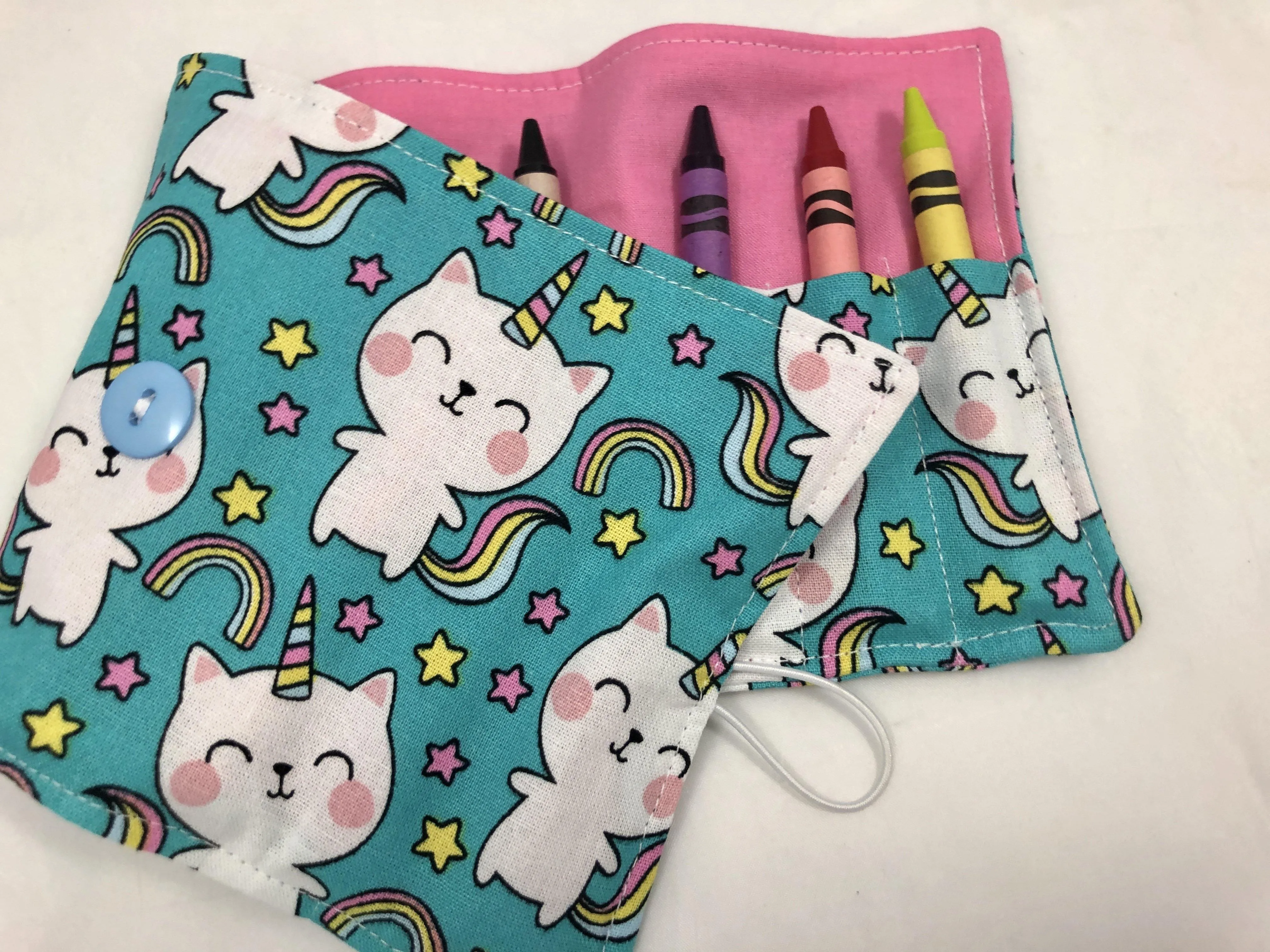 Unicorn Crayon Roll, Girl's Stocking Stuffer, Kitty Cat Crayon Wallet, Blue