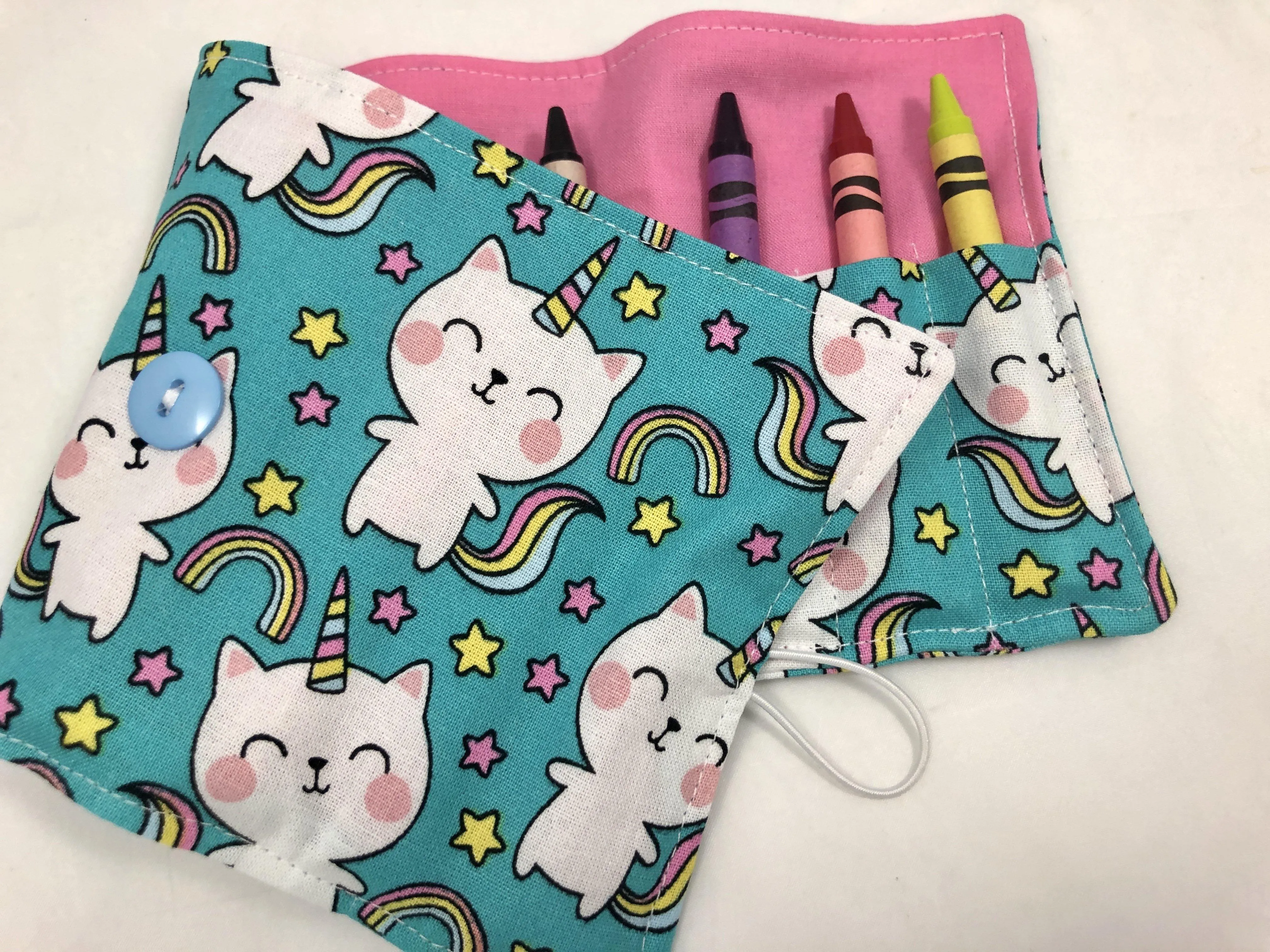 Unicorn Crayon Roll, Girl's Stocking Stuffer, Kitty Cat Crayon Wallet, Blue