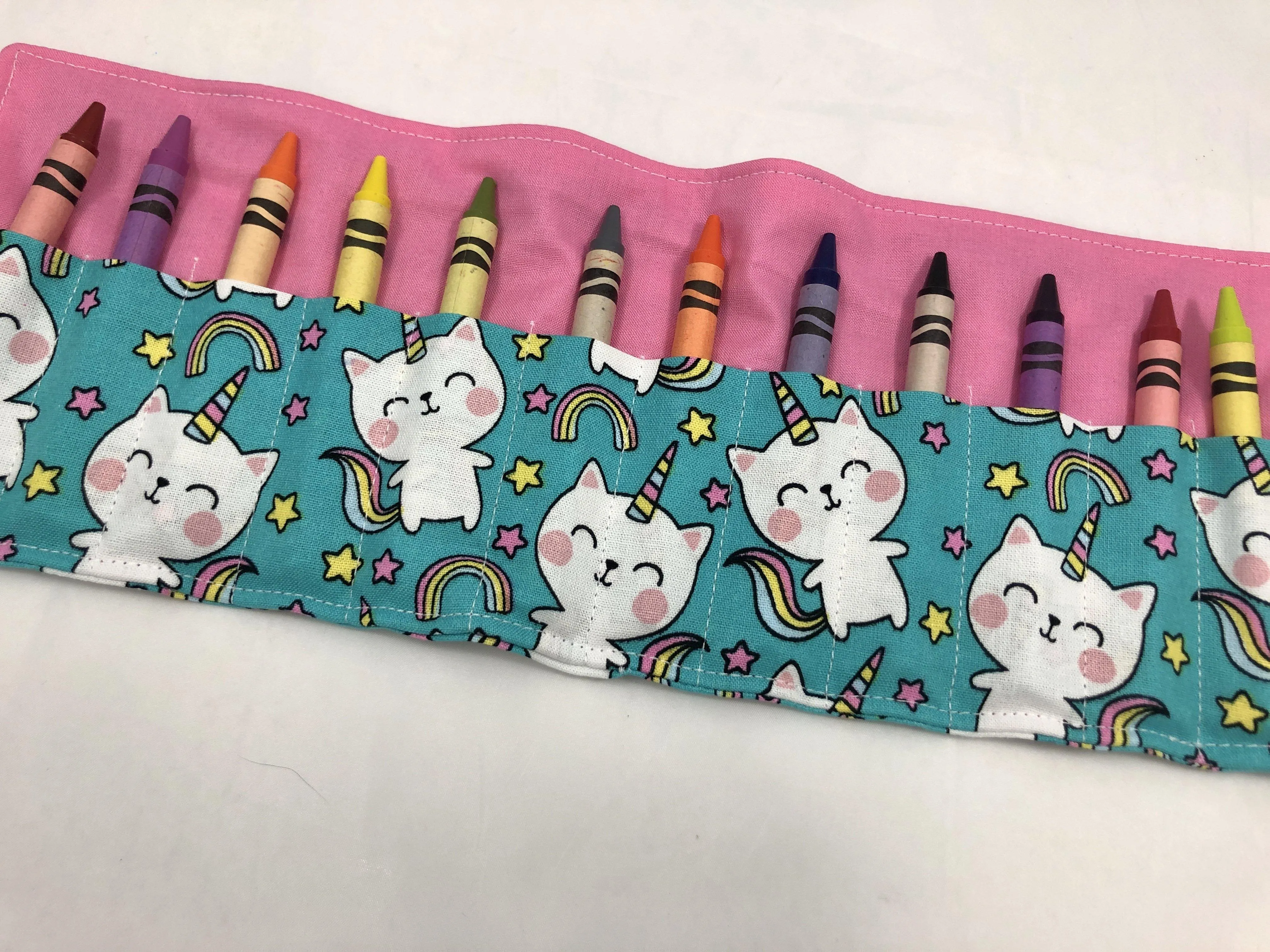 Unicorn Crayon Roll, Girl's Stocking Stuffer, Kitty Cat Crayon Wallet, Blue