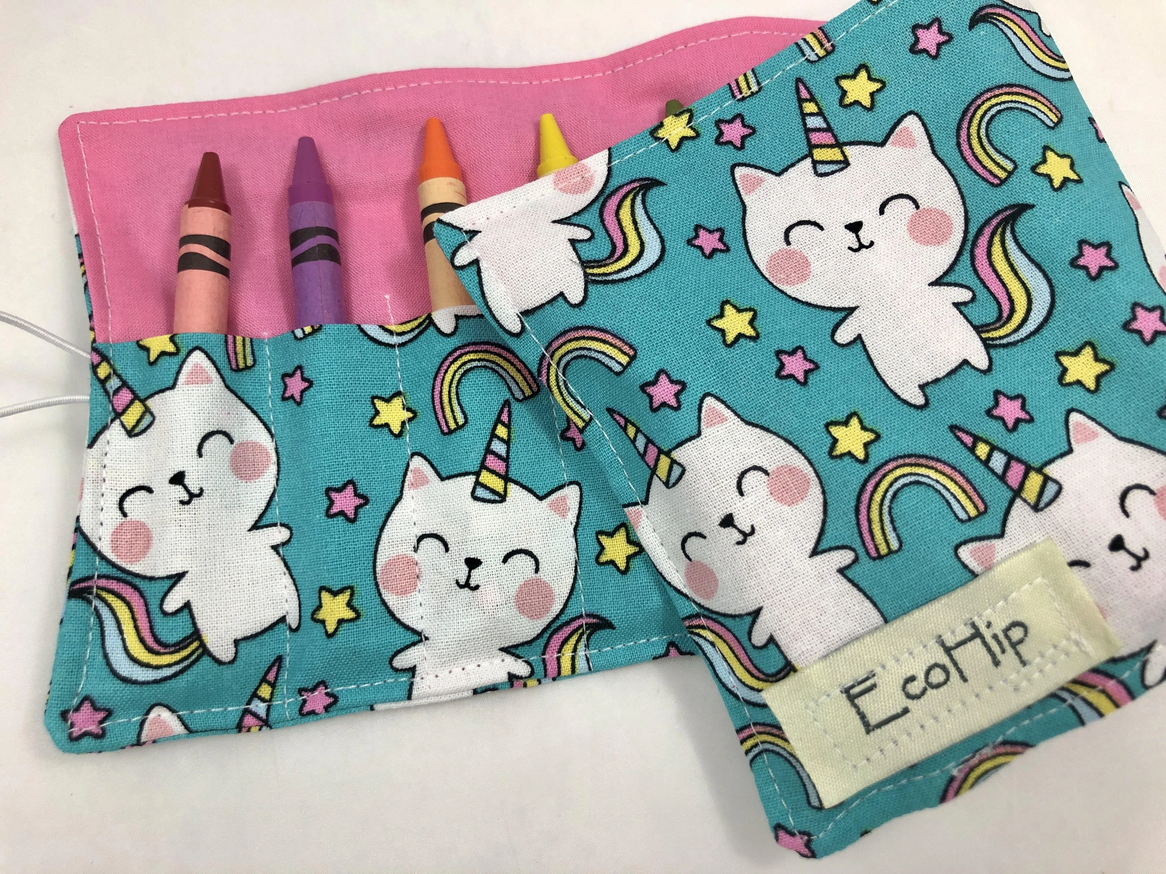 Unicorn Crayon Roll, Girl's Stocking Stuffer, Kitty Cat Crayon Wallet, Blue