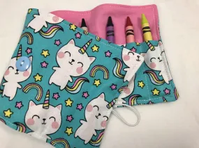 Unicorn Crayon Roll, Girl's Stocking Stuffer, Kitty Cat Crayon Wallet, Blue