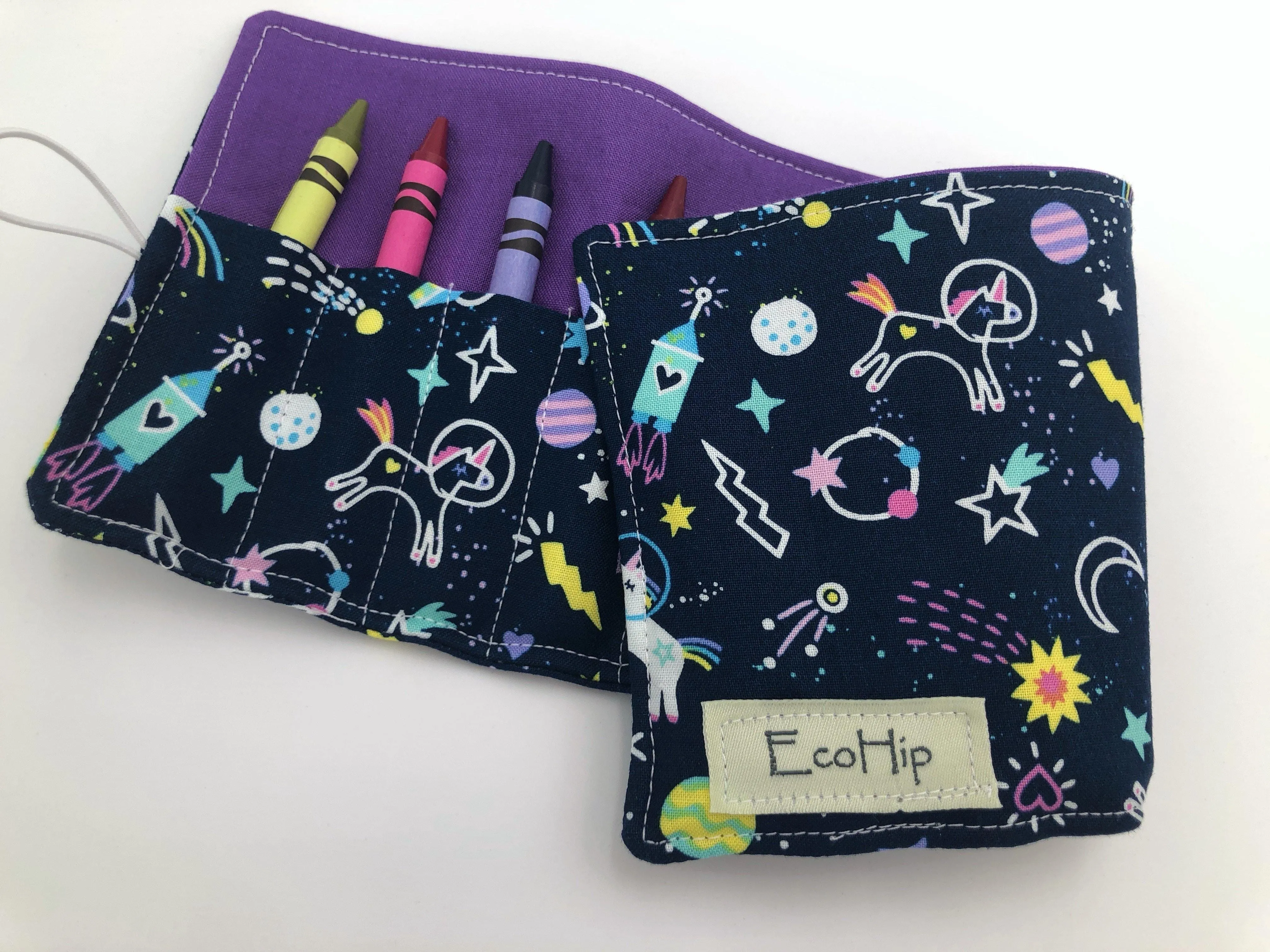 Unicorn Crayon Roll, Girl's Stocking Stuffer, Outer Space Crayon Case, Shooting Stars