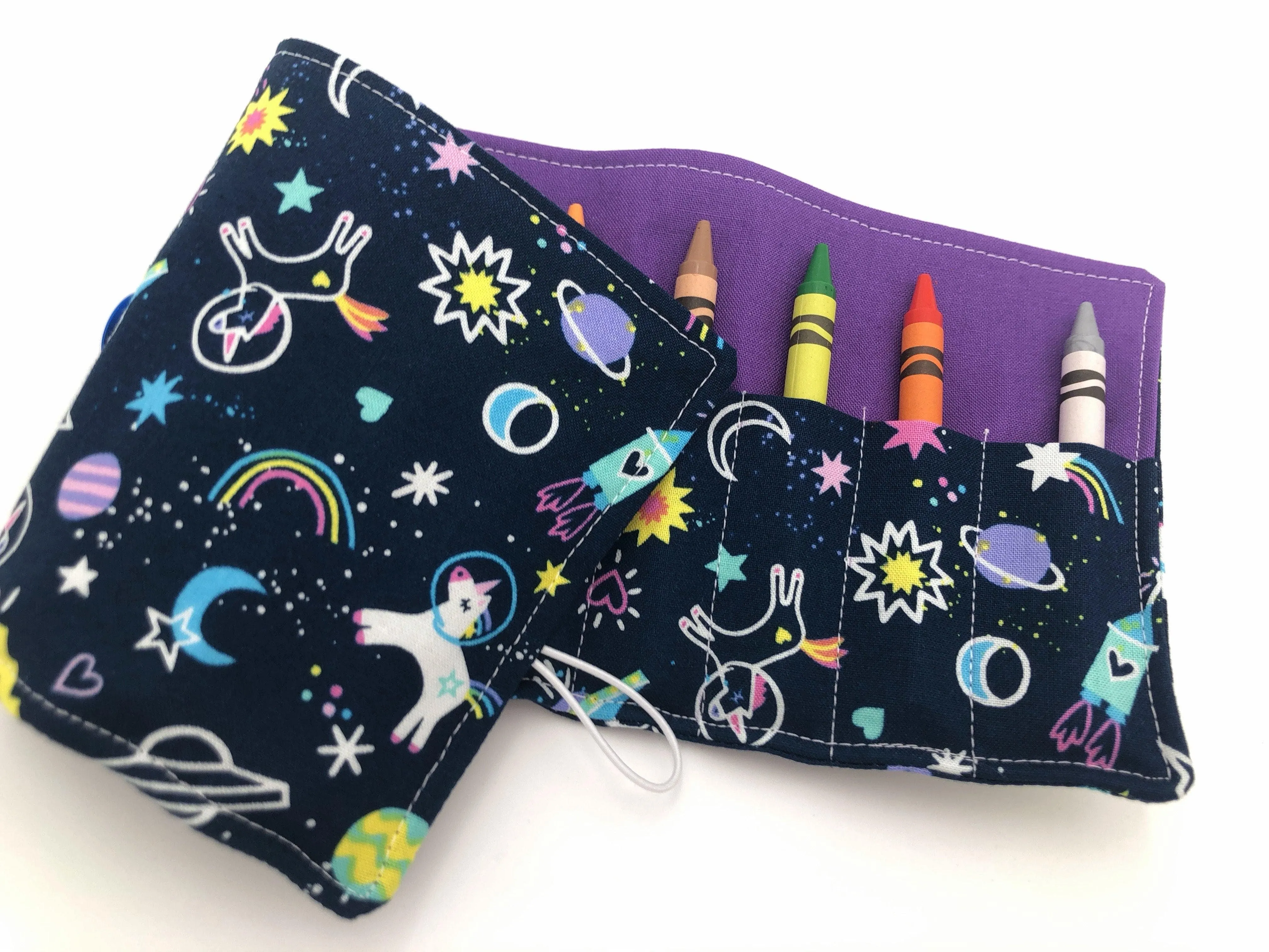 Unicorn Crayon Roll, Girl's Stocking Stuffer, Outer Space Crayon Case, Shooting Stars