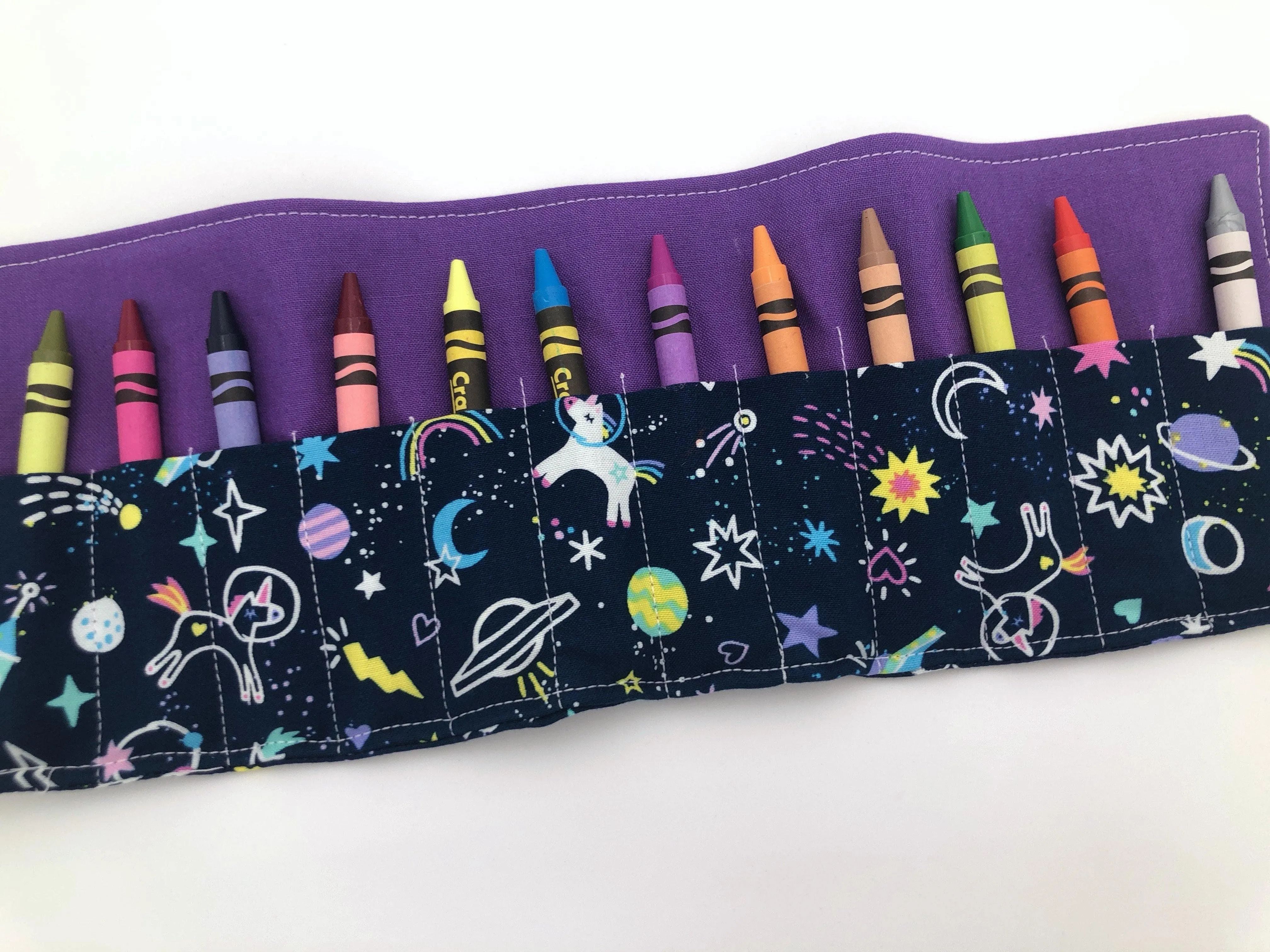 Unicorn Crayon Roll, Girl's Stocking Stuffer, Outer Space Crayon Case, Shooting Stars