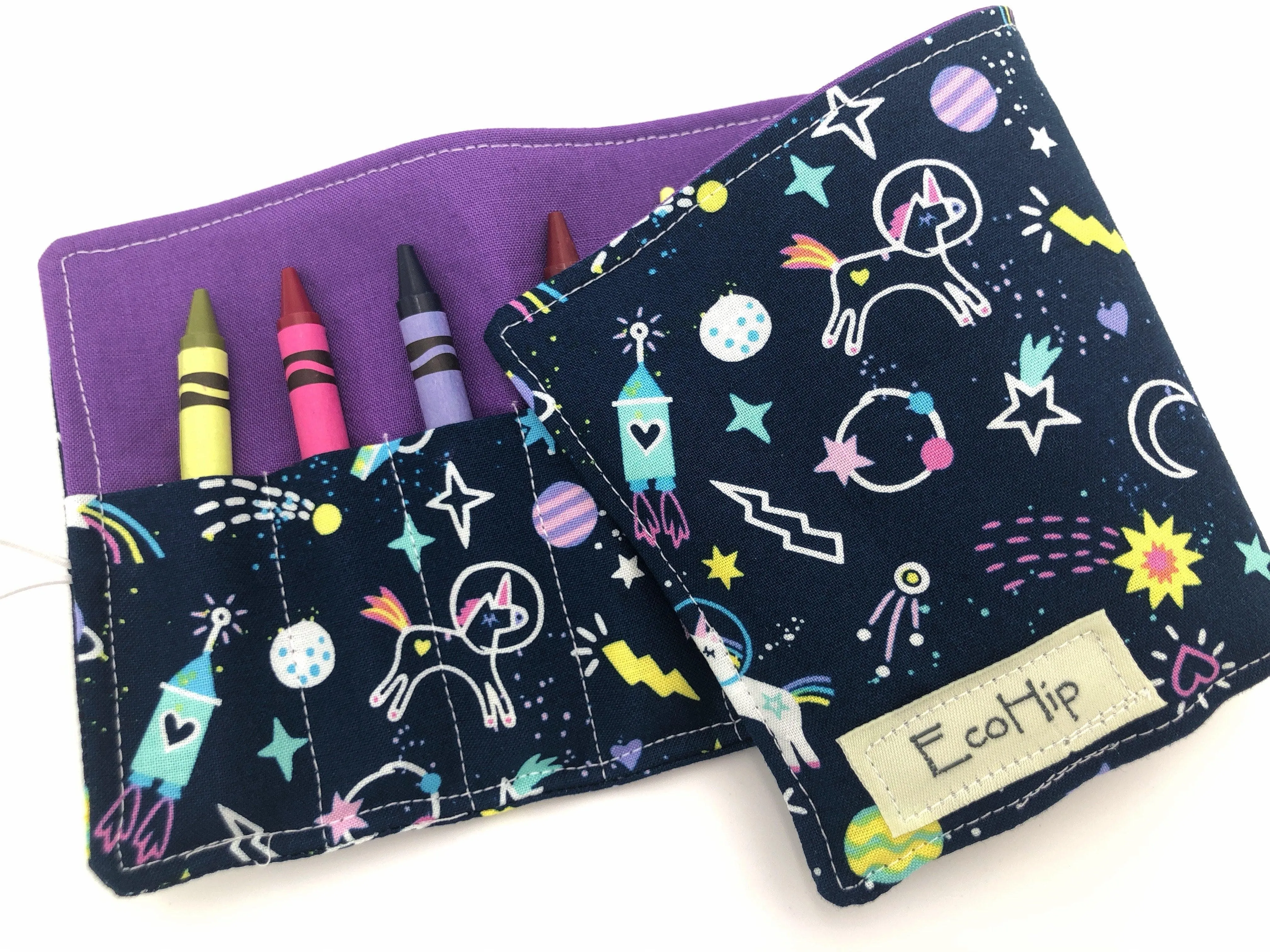 Unicorn Crayon Roll, Girl's Stocking Stuffer, Outer Space Crayon Case, Shooting Stars