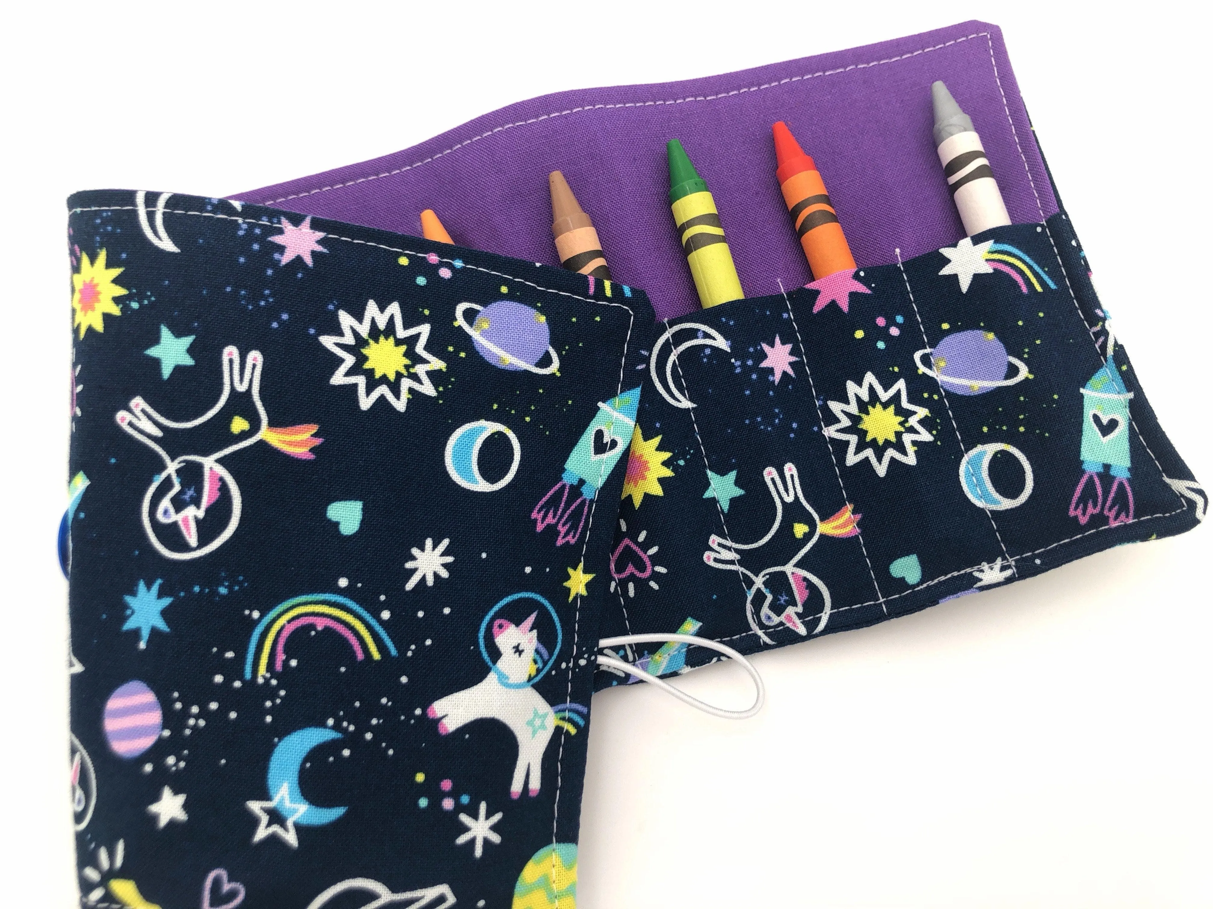 Unicorn Crayon Roll, Girl's Stocking Stuffer, Outer Space Crayon Case, Shooting Stars