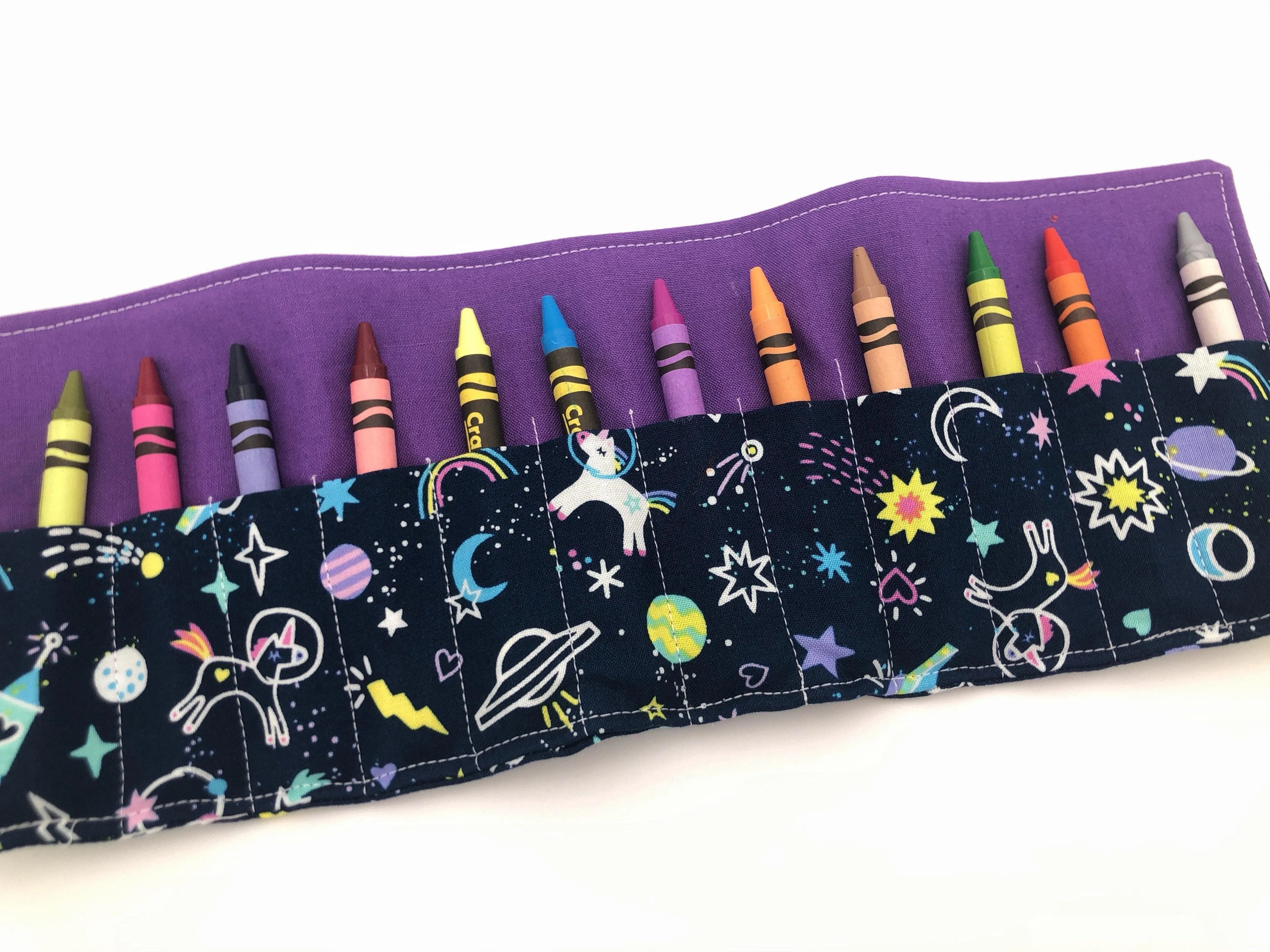 Unicorn Crayon Roll, Girl's Stocking Stuffer, Outer Space Crayon Case, Shooting Stars