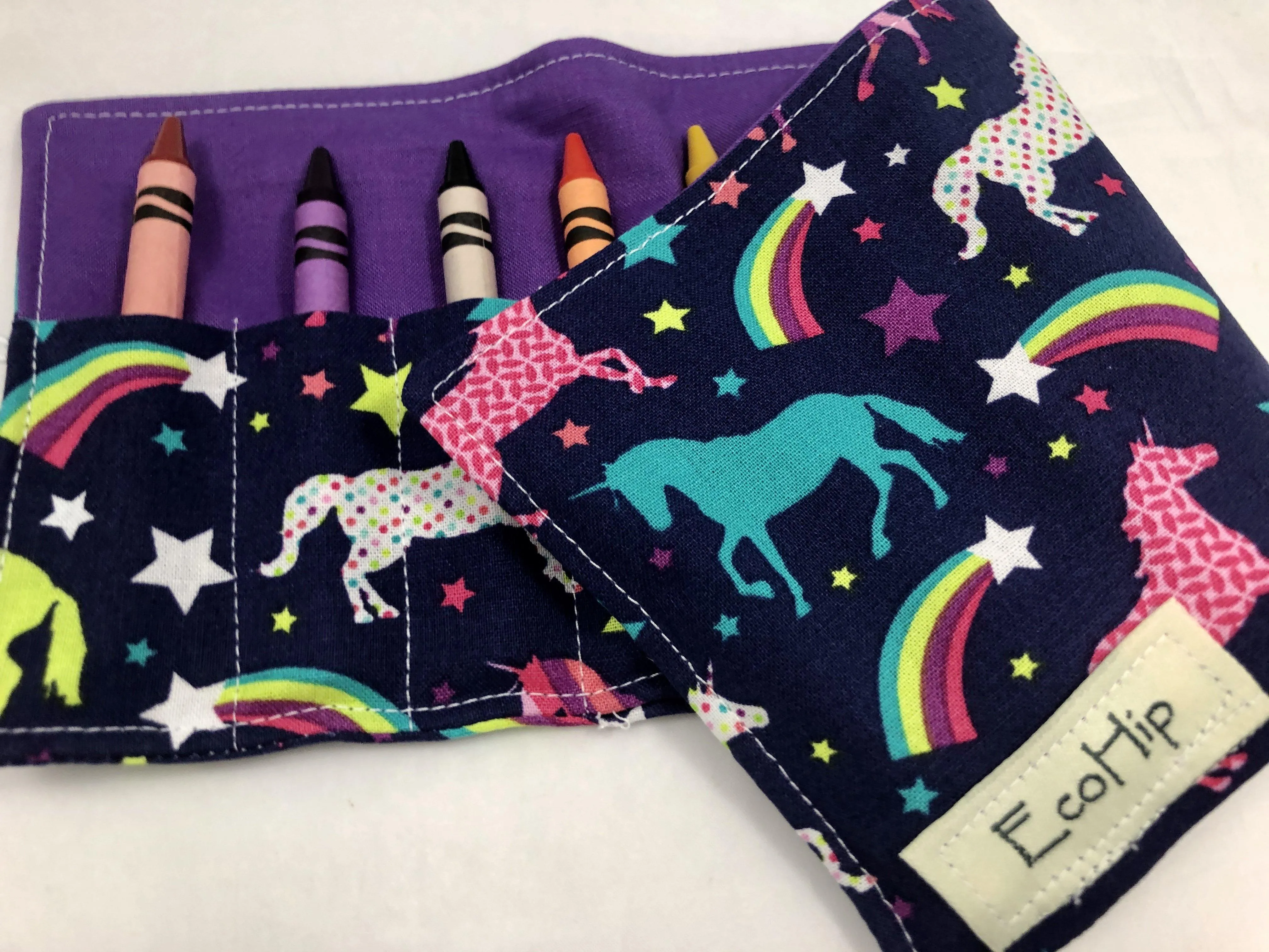 Unicorn Crayon Roll, Girl's Stocking Stuffer, Rainbow Crayon Case, Purple