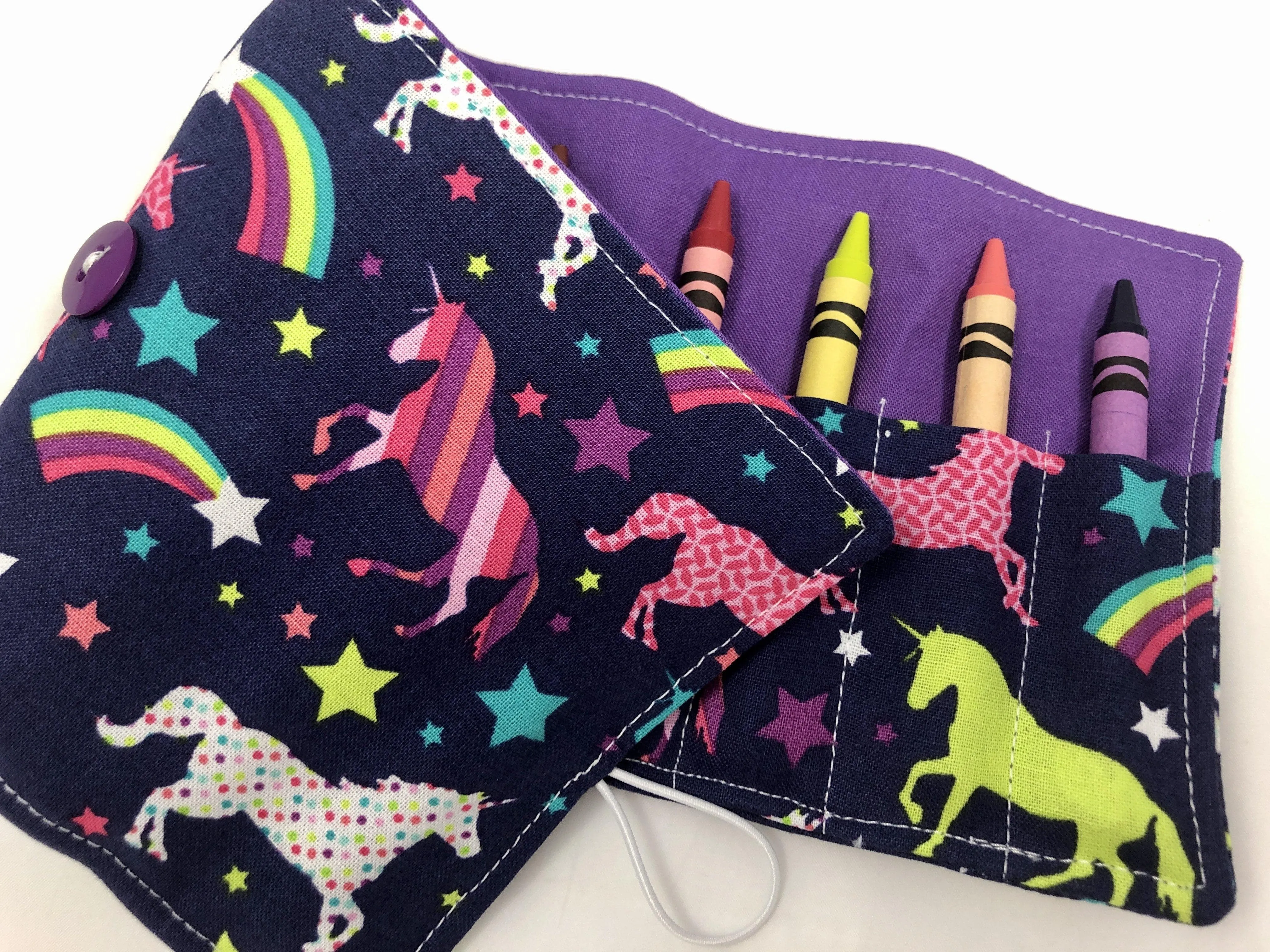 Unicorn Crayon Roll, Girl's Stocking Stuffer, Rainbow Crayon Case, Purple