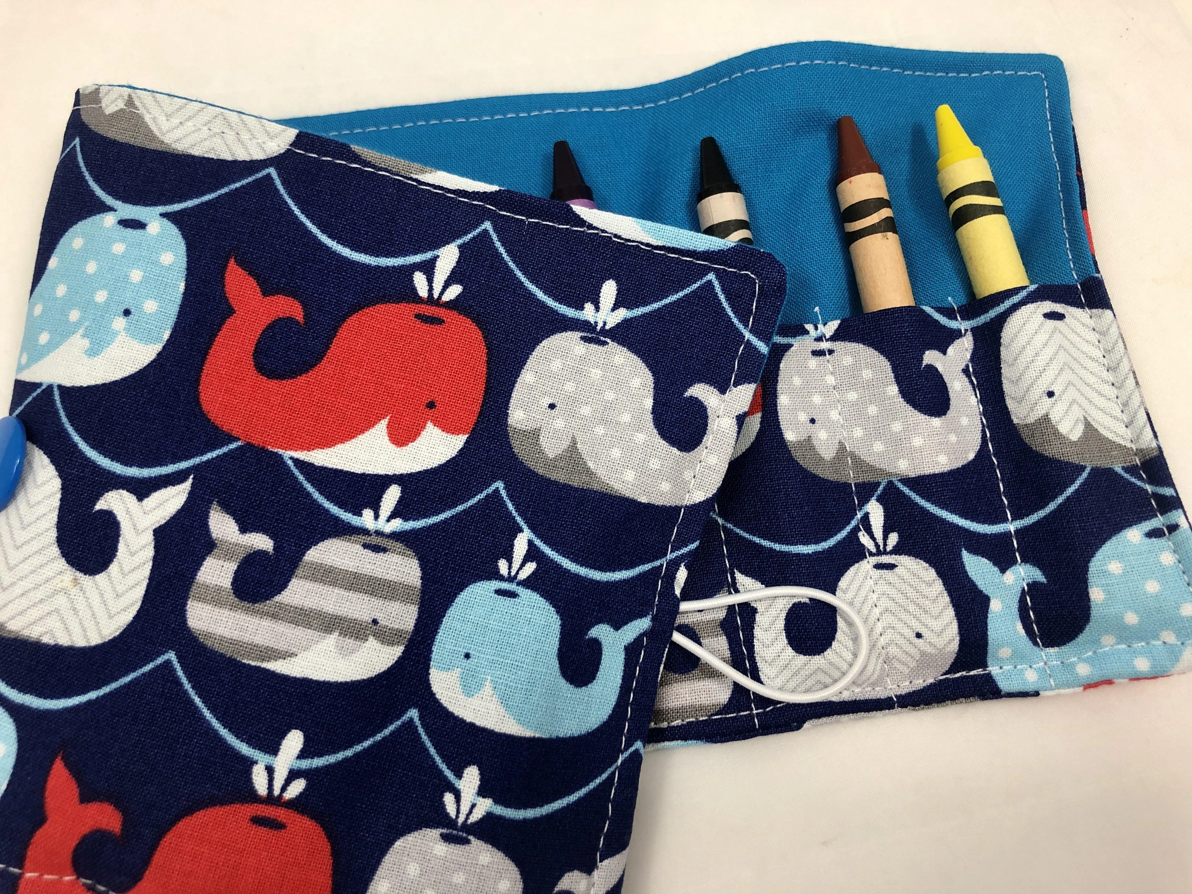 Whales Crayon Roll, Kid's Crayon Case, Diaper Bag Travel Toy, Ocean, Fish, Blue