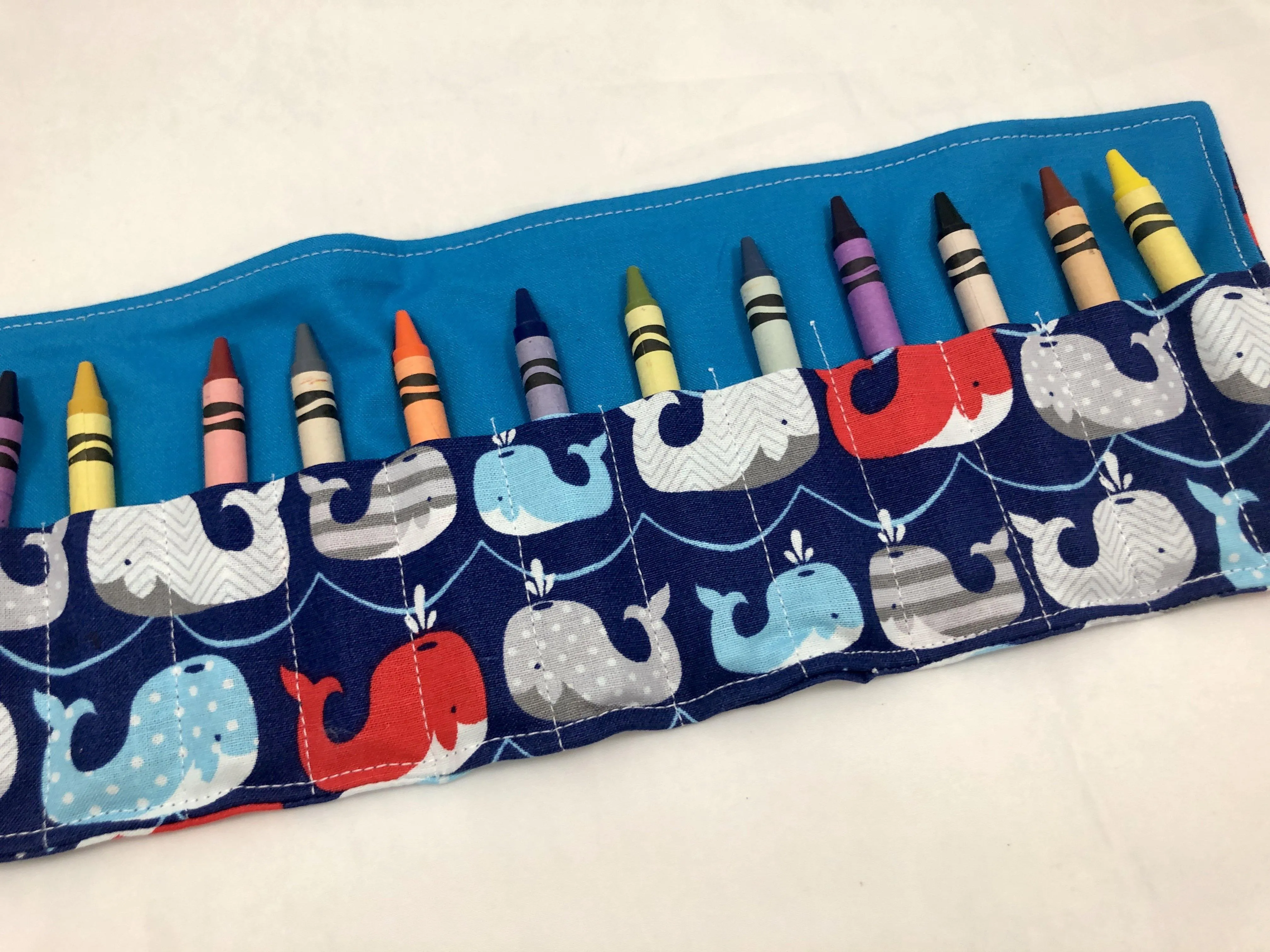 Whales Crayon Roll, Kid's Crayon Case, Diaper Bag Travel Toy, Ocean, Fish, Blue