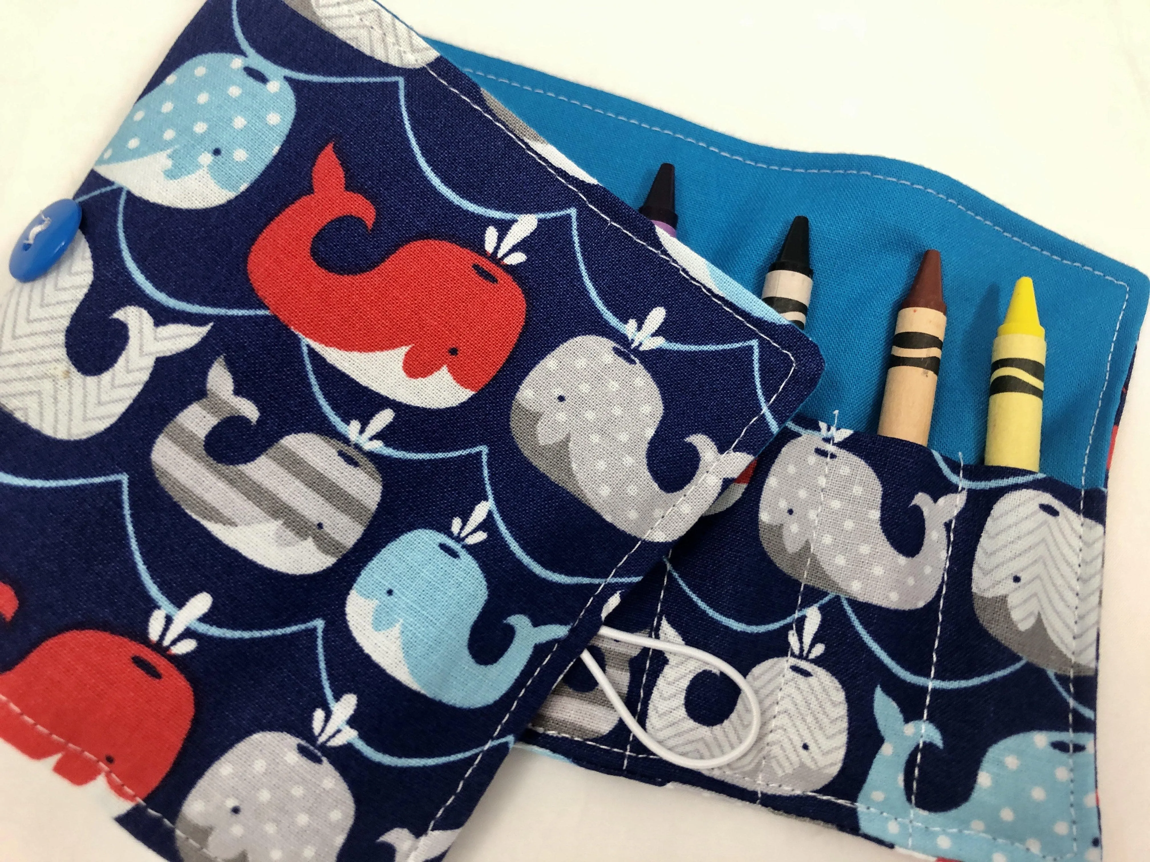 Whales Crayon Roll, Kid's Crayon Case, Diaper Bag Travel Toy, Ocean, Fish, Blue