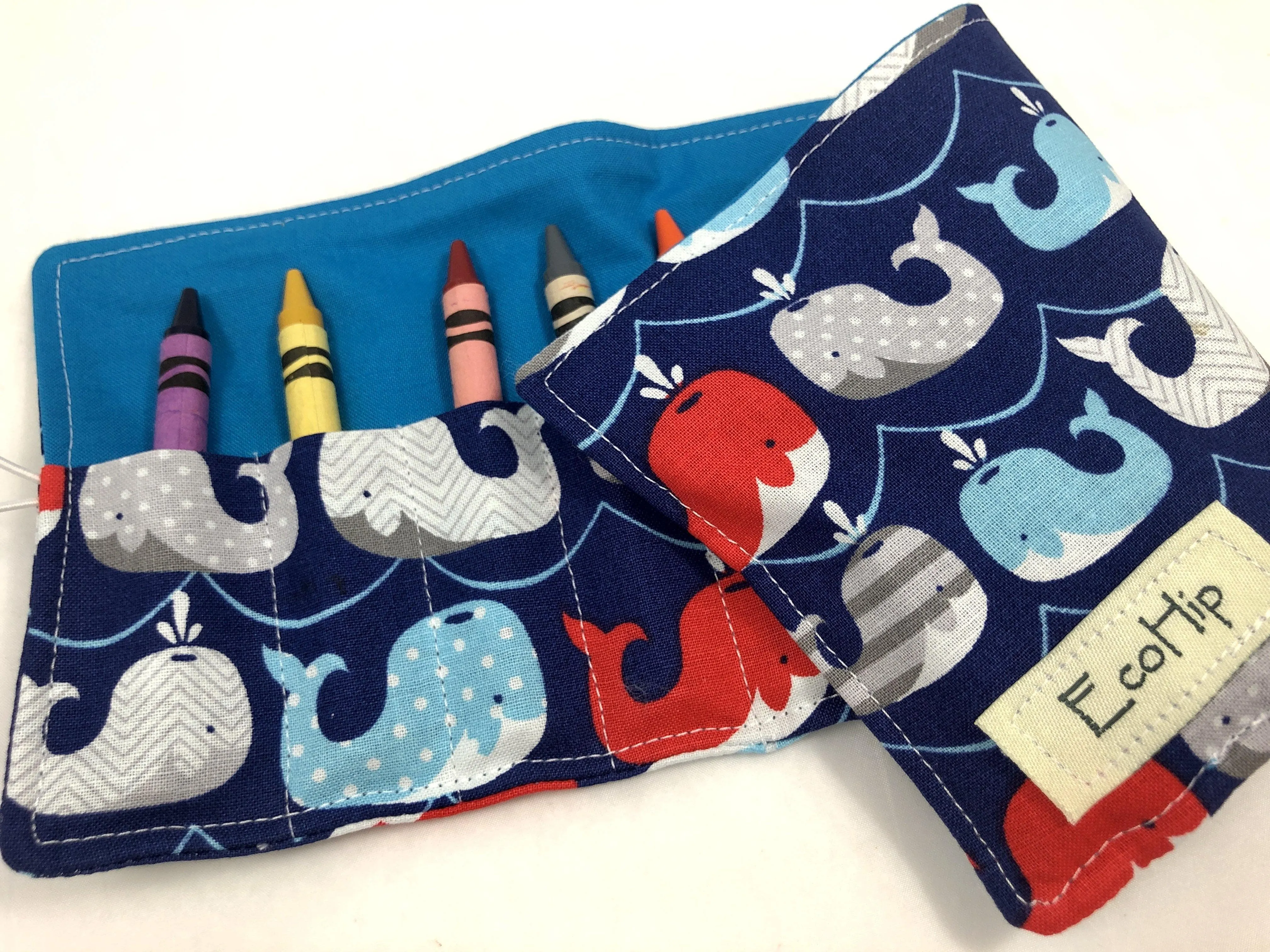 Whales Crayon Roll, Kid's Crayon Case, Diaper Bag Travel Toy, Ocean, Fish, Blue